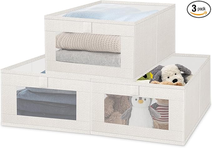 Linen Bins 3 Pack, Foldable Storage Organizer with Window, Beige | 16"x11"x7" size fits standard closet shelves and cubbies—neatly corrals clothes, towels, and jeans, with a clear window