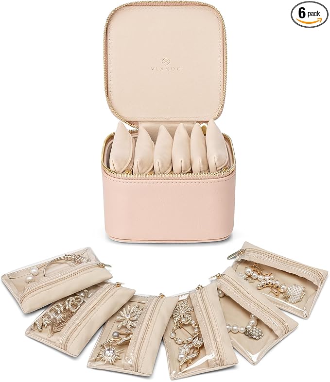 VLANDO Small Jewelry Box Organizer,Travel Jewelry Storage with 6 Velvet Jewelry Zipper Pockets,Travel Jewelry Case Birthday Gifts for Women Girls(Khaki)