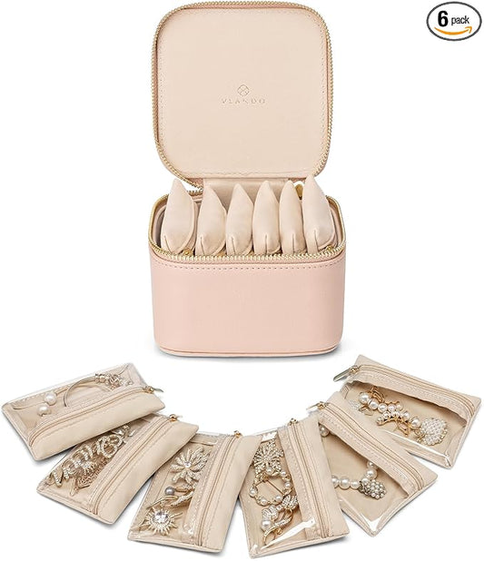 VLANDO Small Jewelry Box Organizer,Travel Jewelry Storage with 6 Velvet Jewelry Zipper Pockets,Travel Jewelry Case Birthday Gifts for Women Girls(Khaki)