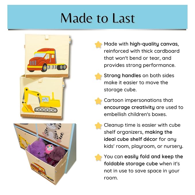 Washable Toy Organizers and Storage, Canvas Toy Chest Organizer Foldable Kids Toy Storage Organizers for Child's Bedroom or Playroom -13x13x13 Inch (Truck)