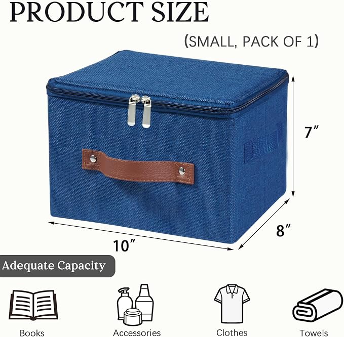 Storage Bins with Zipper Lid Foldable Fabric Lidded Storage Boxes Baskets Cubes Washable Collapsible PU Leather Handle Cotton Linen Shelves Closet Organizer Container(Dark Blue, Small Size)