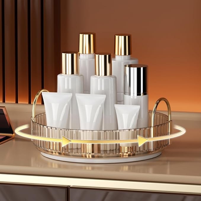YCIA&DONE 360 Rotating Makeup Organizer and Storage for Vanity Countertop 1 Tier, High Capacity Cosmetic Skincare Perfume Organizers for Dresser Bathroom Fridge Lazy Susan (Amber Gold)