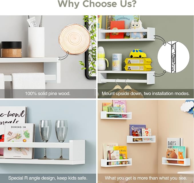 Forbena Floating Nursery Book Shelves for Wall Set of 4, Wall Bookshelf for Kids Room, White Wood Hanging Bookshelves Book Shelf for Baby Toddler Childrens Boy Girl Bedoom Toy and Decor Storage