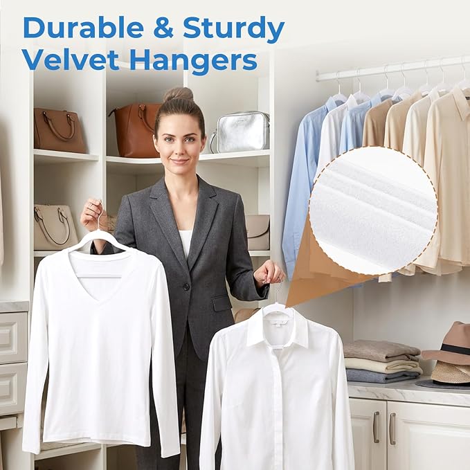 Smartor White Velvet Hangers 50 Pack, Non-Slip Space-Saving Clothes Hangers | Premium Slim Felt Hanger for Closet Organizers and Storage, Heavy Duty Hanger with Shoulder Notches and 360° Hooks for Coats