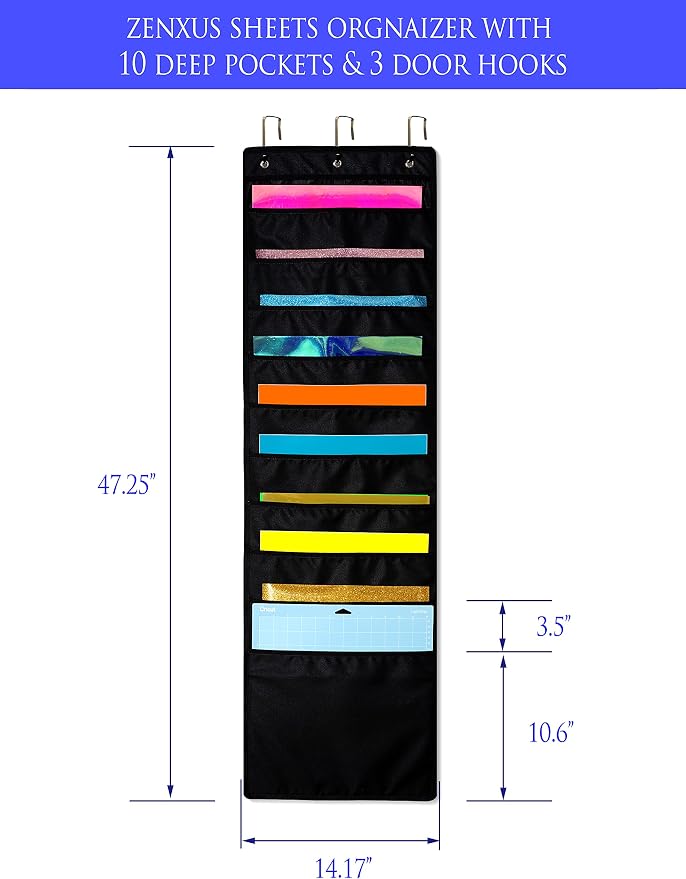 Hanging Organizer, 12x12 Paper Storage, Deep Pocket Vinyl Holder, for Cardstock, Scrapbook, Craft Paper, Cut Mat, 6 Door Hooks Included, 2-Pack