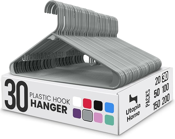 Utopia Home Plastic Hangers 30 Pack – Built-in Strap Hooks Grey | Space saving | Durable & strong | Closet organizer | Ideal for shirts, pants, skirts & coats