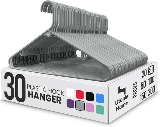 Utopia Home Plastic Hangers 30 Pack – Built-in Strap Hooks Grey | Space saving | Durable & strong | Closet organizer | Ideal for shirts, pants, skirts & coats