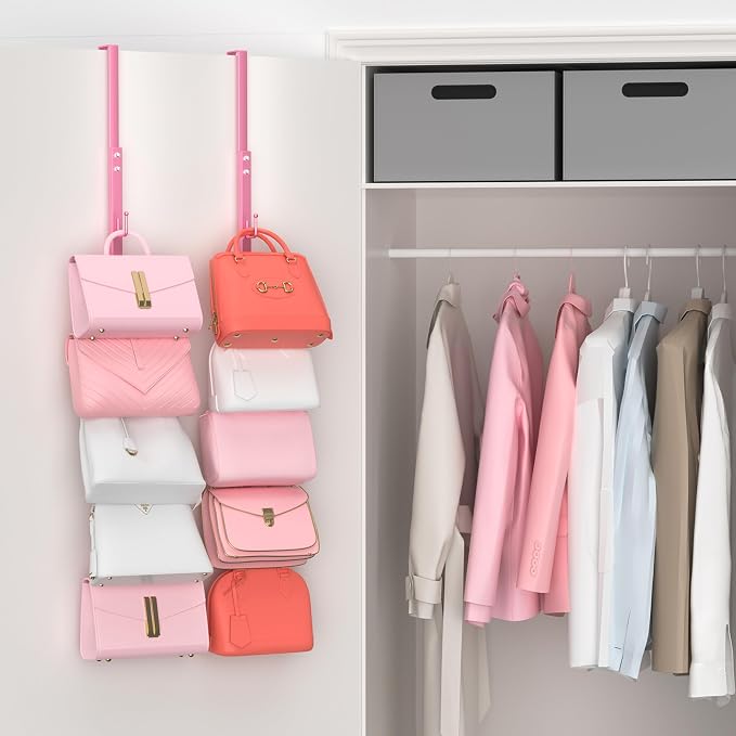 SWTYMIKI Over the Door Purse Organizer - 2 Packs Wall Mounted Purse Rack with 5 Hooks Design, Hanging Handbag Organizer Storage Holds up to 10 Bags, Bag Rack for Closet, Door (Pink)