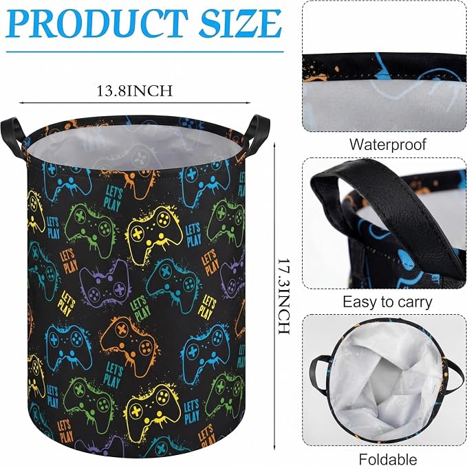 Zhehao 2 Pcs Gamer Laundry Basket Boys Kids Laundry Hamper Gamer Room Decor Gaming Storage Basket Hamper Clothes Organizer Nursery Toy Storage Bin for Gifts Bedroom Bathroom Decoration(Stylish)