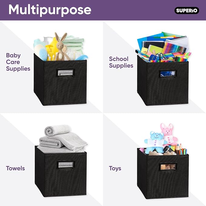 Superio Collapsible Storage Bins For Organization and Storage, Closet Organizers and Storage, Dorm Room Storage, Storage Containers, Laundry Room Organization, Black 6-pack