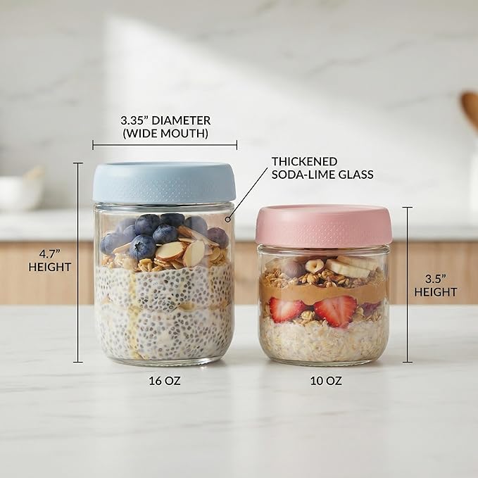 JBHO 6-pack 16 oz Overnight Oats Containers with Lids, Glass jars with Airtight Lids, Wide mouth Mason Salad jars, Glass Food Storage Containers for Snacks Yogurt Spice Sugar