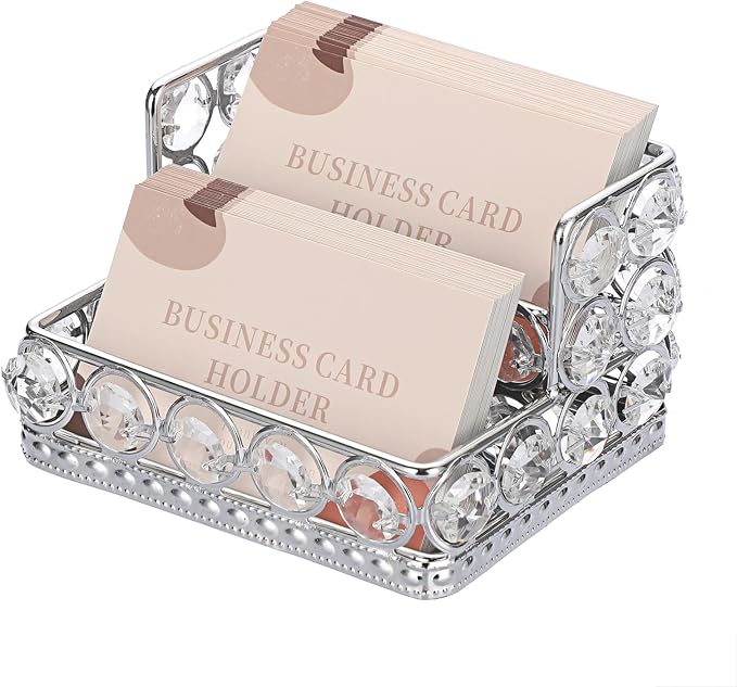 Hipiwe Crystal Business Card Display Holder for Desk with 2-Slot Organizer | Mirrored Base Business Name Cards Storage Holder for Office Countertop, Silver