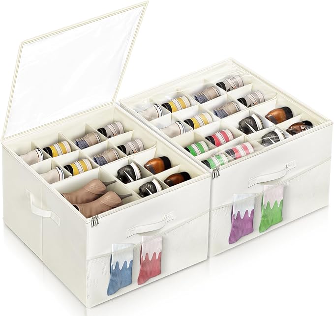 2 Pack Shoe Organizer for Closet Fits 32 Pairs, Foldable Shoe Dividers for Storage Bins with Clear Cover and Adjustable Dividers for Shoes, Sneakers and High Heel Shoe Baskets Bins