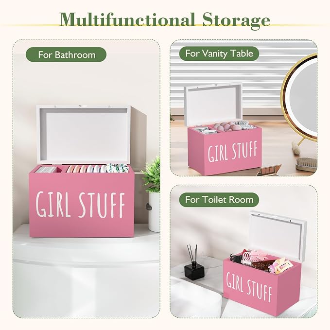 Tampon Holder for Bathroom with Hinged Lid, Feminine Product Organizer, Bathroom Period Products, Toilet Organizer, Bathroom Accessories Box for Girl Stuff (Pink)