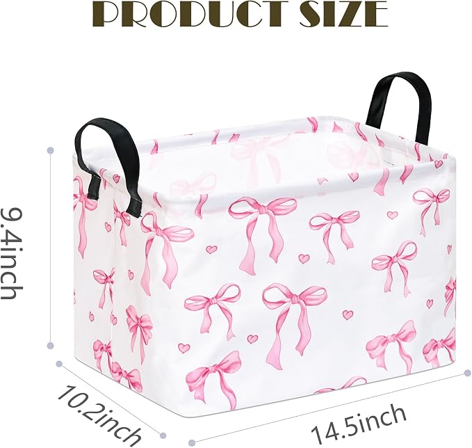 Girls Storage Basket with Pink Bow Print,14.5" x 10.2" x 9.1",Waterproof coating,Collapsible Rectangular Bin with Handles; Ideal for Girls' Gifts, Laundry, Clothes & Toy Storage,Home Organizer