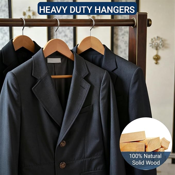 Amber Home 20 Pack Wooden Coat Hangers, Natural Wood Suit Hangers with Non-Slip Pant Bar, Clothes Hangers for Closet Organization, Shirts, Jackets, Dresses, and Pants (Natural, 20)
