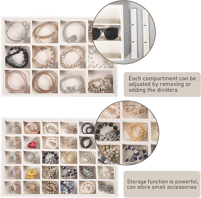 Coward Stackable Jewelry Trays Organizer Set with Clear Lid, Trays for Drawer, Earring Necklace Bracelet Ring Display Organizer (beige(ring+12girds+30girds+The glass lid))