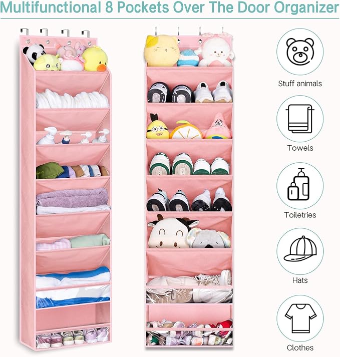 KEETDY Over The Door Shoe Organizer Fit 20 Pairs Sneakers Large Hanging Shoe Organizer for Closet Door Storage Boots, Pink