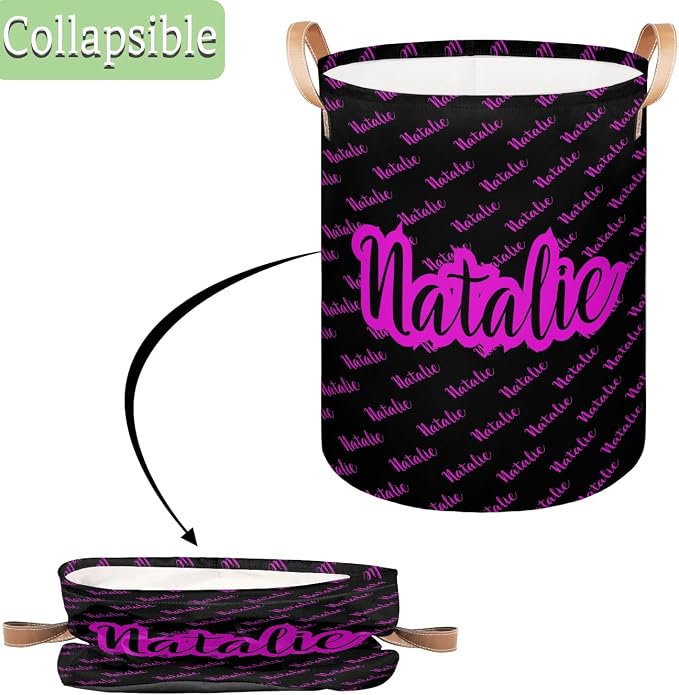 Personalized Laundry Basket, Custom Gift Laundry Hamper, Collapsible Nursery Waterproof Laundry Baskets, Dirty Clothes Toy Hamper with Handles Name Text Black Purple