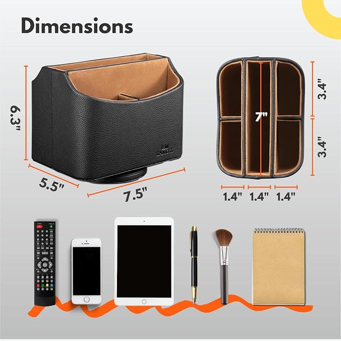 LAMOTI Leather Remote Control Holder, 360° Spinning TV Remote Caddy for Table, 5-Compartment Desk Organizer for Universal Remotes, Phones, Tablets, Pens, Eyeglasses & More (Black)