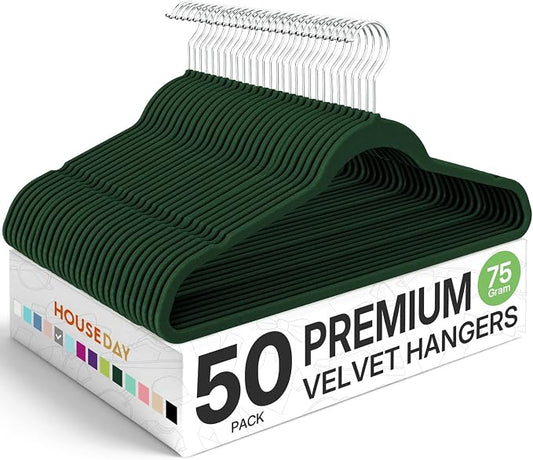 HOUSE DAY Premium Velvet Hangers 50 Pack, Non-Slip Flocked Felt Hangers, Sturdy Clothes Hanger with 360° Rotatable Hook, Heavy Duty Durable Slim Coat Hanger for Closet Space Saving(Emerald Green)