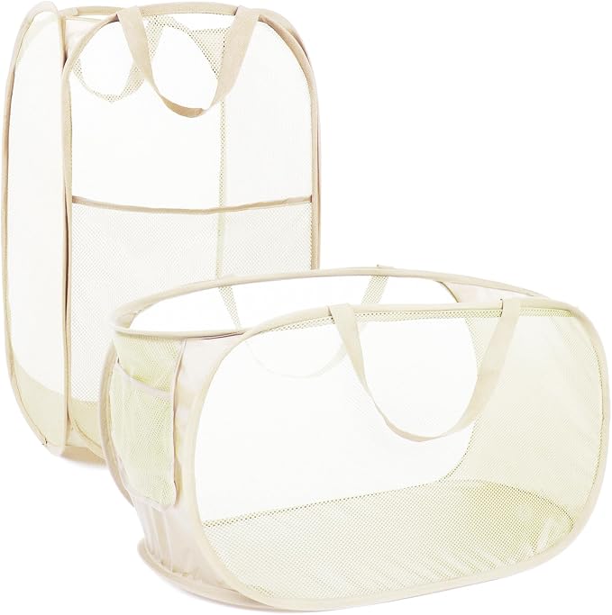 2 Pcs Durable Collapsible Laundry Baskets - Reinforced Mesh Pop Up Laundry Hamper with Pocket, Foldable Dirty Clothes Hamper with Carry Handles for Laundry, Bathroom, Kids Room, Dorm or Travel Beige