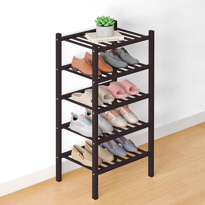 Smiry Bamboo Shoe Rack for Closet, 5 Tier Small Wooden Shoe Organizer, Stackable Wood Shoe Storage Shelf for Entryway, 14 Vertical Slats, 2+3 Stack Heavy-Duty Legs, 17.32"x11.02"x31.3", Brown