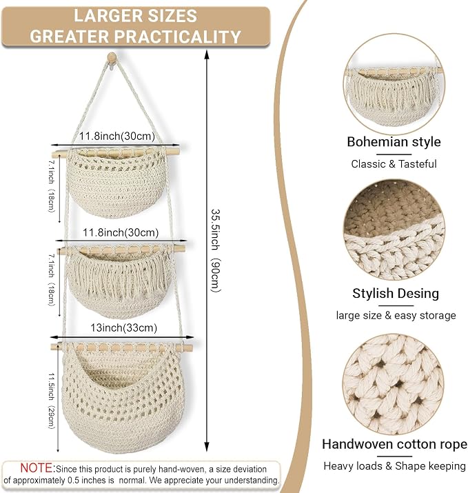 Halidali 3 Tier Hanging Fruit Baskets for Kitchen, Boho Cotton Rope Handwoven Vegetable Hammock Produce Storage Wall Mounted Large Organizing Basket for Farmhouse Decor, Onion, Potato (White)