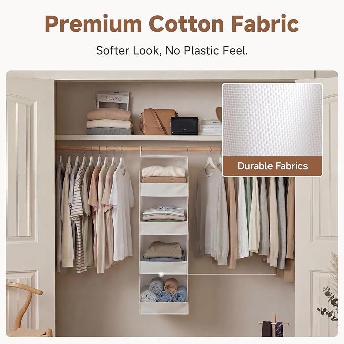 StorageWorks Basics Hanging Closet Organizer, 4-Shelf Wide Trapezoid Closet Shelves with Reinforced Anti-Sagging Support for Sweaters, Hoodies and Handbags, Foldable Storage Organizer, Beige