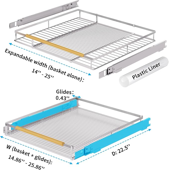 Expandable Pull Out Drawer Cabinet Organizer, Adjustable Width Bottom-Mounted Slide Out Storage Shelves for Cabinets (1, L - Cabinet Size (14.86"~25.86", D≥22.5"))
