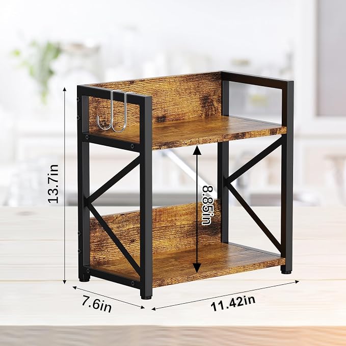 Spice-Rack-Organizer-Shelf for Kitchen Counter, 2 Tiers Coffee Bar Station Organizer for Countertop，Space Saving Desk Shelving Riser Unit (Rustic Brown, Small)