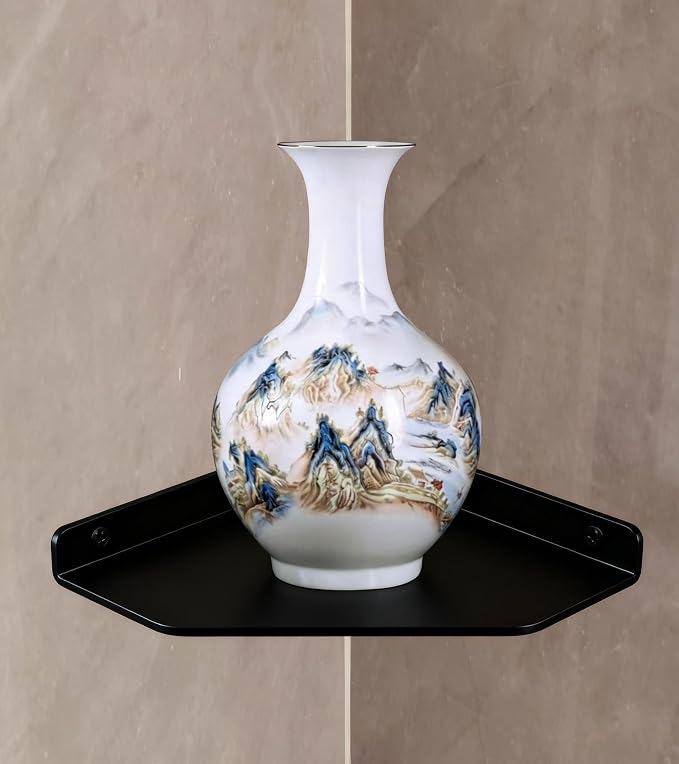 8 Inch Black Floating Corner Shelf Wall Mounted, Triangle Storage Shelf for Kitchen, Speakers, Wine, Decor & Small Electronics