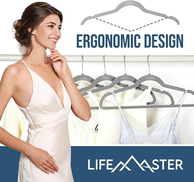 Lifemaster Velvet Non-Slip Hangers - 100 Pieces Non-slip Coat Hanger Set with 360° Swivel Hook, Space-Saving, Sleek Design, Keep Closet Organized, Smooth Velvet Finish, Lightweight Construction - Gray