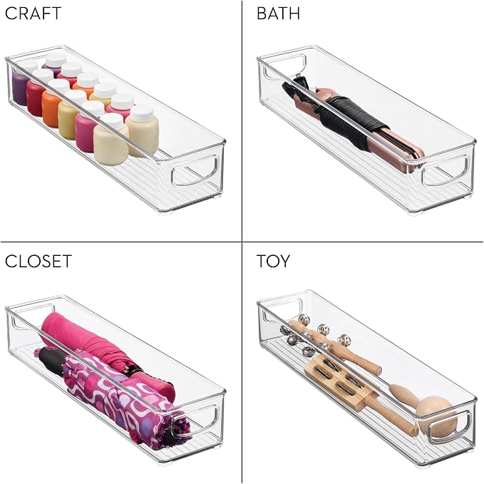 iDesign Slim Clear Plastic Storage Bin, Extra Long Narrow, 4-Pack | Stackable, For Kitchen and Pantry
