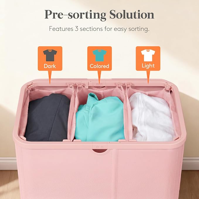 Lifewit 185L 3 Section Laundry Hamper with Lid, Large Laundry Basket with Handles and Removable Bags, Tall Clothes Hamper, Foldable Laundry Sorter for Bedroom Bathroom, Pink