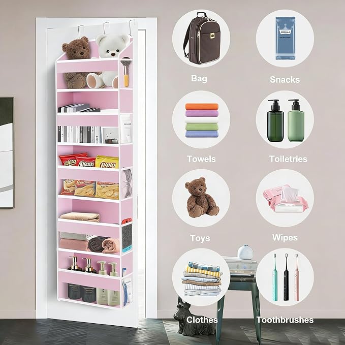Over The Door Organizer Closet,5 Bins 10 Side Pockets,Hanging Door Organizer,Anti Tilt 44 lbs Load Organizers and Storage with Clear Window for Bedroom,Nursery,Rv,Bathroom,Camper(Pink)