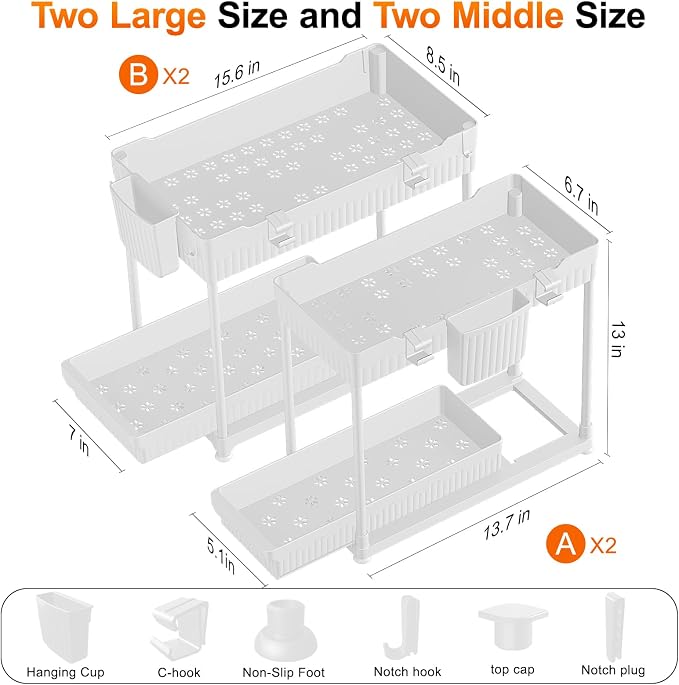 Sevenblue 4-Pack 2-Tier Under Sink Organizer with Pull Out Drawers | Multi-use kitchen & bathroom storage. Includes hanging hooks and cups. White, space-saving cabinet design. 12.8 Inch