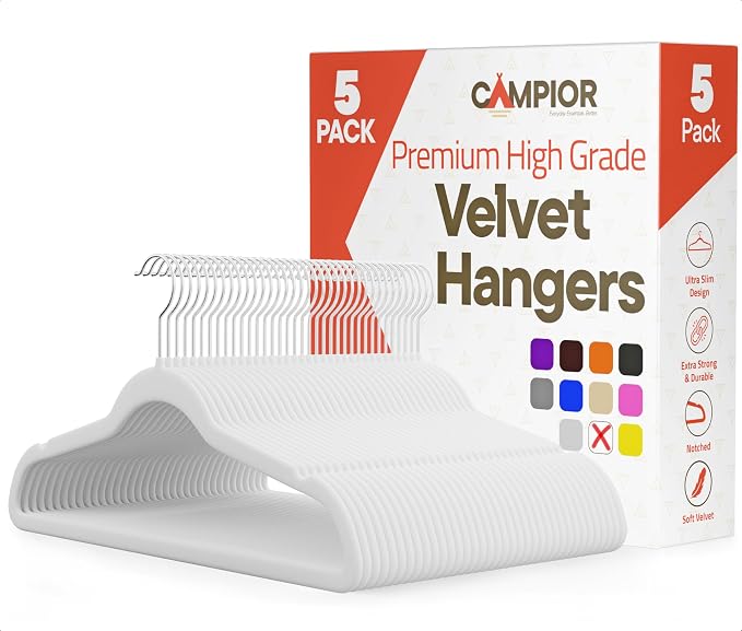 White Velvet Hangers 5 Pack – 360° Swivel Hook, Non-Slip and Space Saving Hangers, Heavy-Duty 11 lbs Weight Capacity - Smooth Velvet Finish for Crease-Free Clothes and Effortless Closet Organization