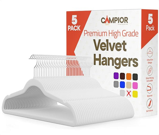 White Velvet Hangers 5 Pack – 360° Swivel Hook, Non-Slip and Space Saving Hangers, Heavy-Duty 11 lbs Weight Capacity - Smooth Velvet Finish for Crease-Free Clothes and Effortless Closet Organization