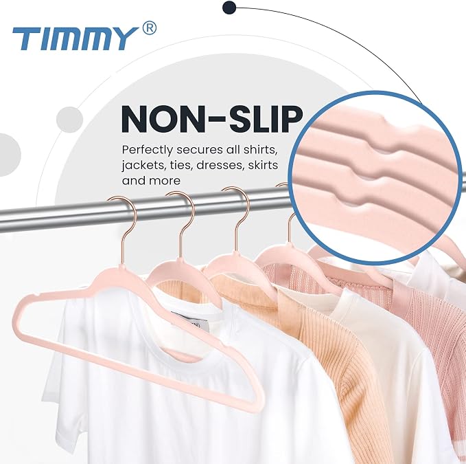 TIMMY Velvet Hangers - Suit (50-Pack) Ultra Thin Coat Hangers with Heavy Duty Construction, Holds up to 10 Lbs - Blush Pink/Rosegold Finishes