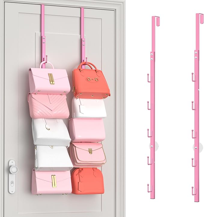 SWTYMIKI Over the Door Purse Organizer - 2 Packs Wall Mounted Purse Rack with 5 Hooks Design, Hanging Handbag Organizer Storage Holds up to 10 Bags, Bag Rack for Closet, Door (Pink)