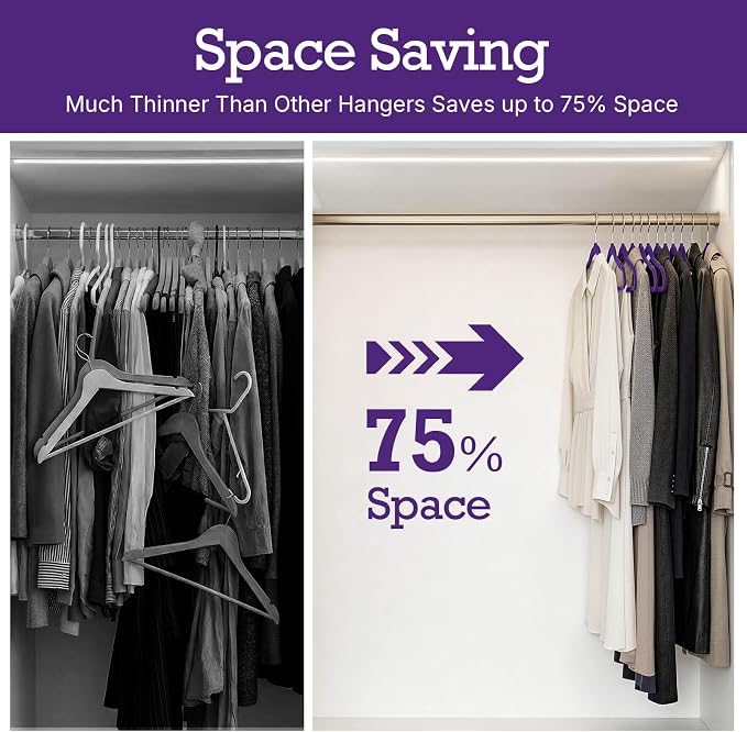 HOUSE DAY Noble-Purple Velvet Hangers 60 Pack, Non Slip Clothes Felt Hanger Heavy Duty for Coat, Premium Slim Space Saving Suit Hangers for Closet Organizer, 360° Rotating Silver Hook