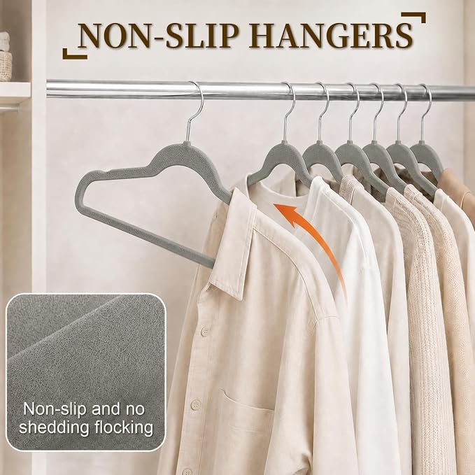 Velvet Hangers 50 Pack, Non Slip Clothes Hangers with Shoulder Notches, Slim Felt Hanger with 360° Swivel Hook, Space-Saving, Heavy Duty, for Coat, Shirt, Pants, Dress, Suits, Gray