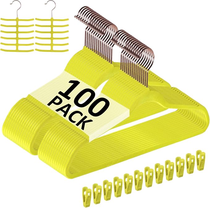 VECELO Premium Velvet Clothes Hangers Suit Heavy Duty (100 Pack)-Non Slip & Space-Saving with 12 Finger Clips & 2Tie Rack Excellent for Men and Women,Yellow