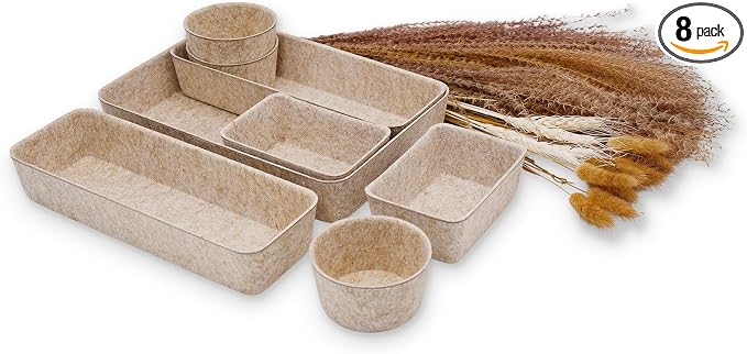 Welaxy Office Desk Drawer Organizers Trays Felt Shallow organizing Box Draw dividers for hygge aesthetics Office Supplies Multi-purposed Organize 8-piece (Oatmeal)