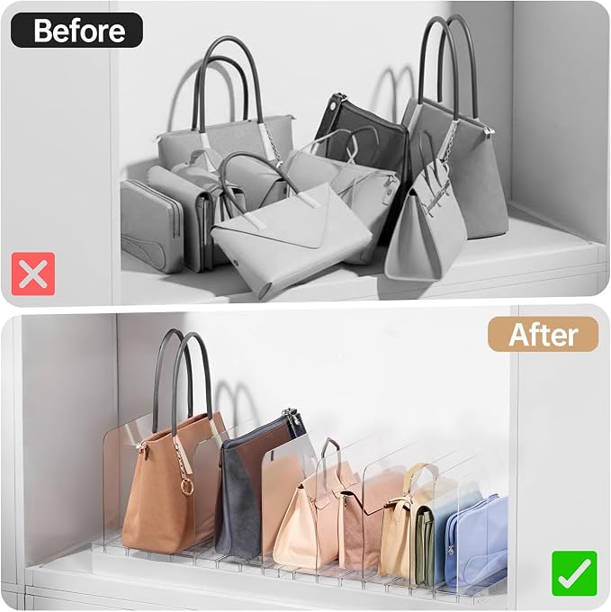 PAVSTINE Purse Organizer for Closet, Stackable Handbag Storage Shelf, Adjustable Clear Shelf Dividers, Keep Clutch, Bag, Pocketbook Upright, for Bedroom
