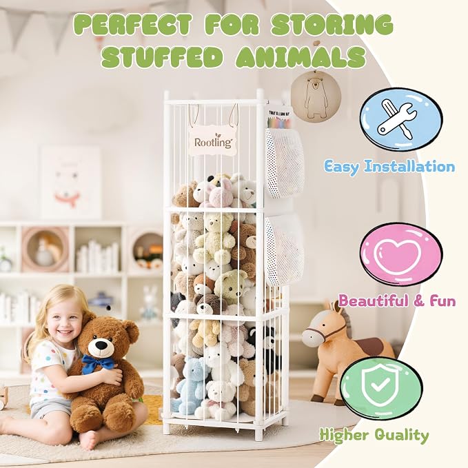 Stuffed Animal Storage & Organizer, 54 inch Tall Wooden Cute Zoo Toy Holder w/Building Block Storage Bag, Premium Wooden Material with Elastic Cord For Toddler Rooms, Playrooms (White, Large)