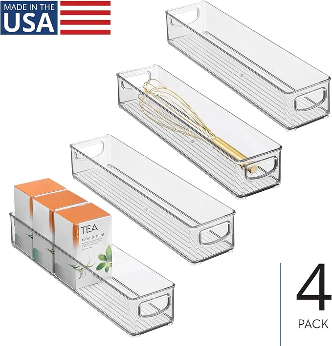 iDesign Slim Clear Plastic Storage Bin, Extra Long Narrow, 4-Pack | Stackable, For Kitchen and Pantry