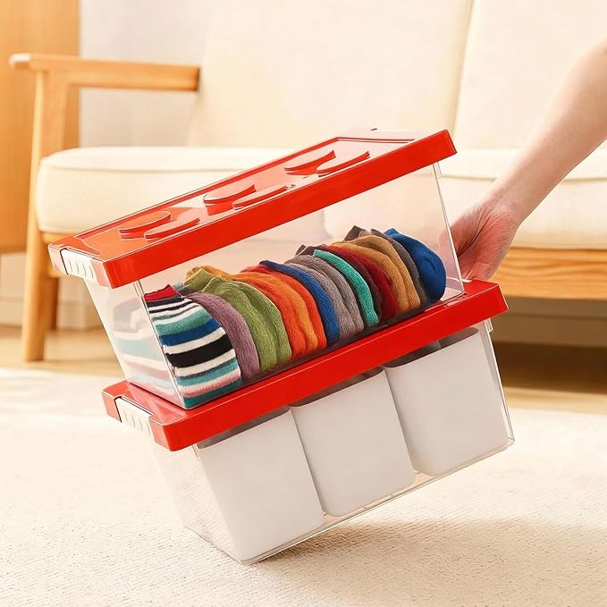 Plastic Storage Bins with Lids, Art Craft Supply Organizer Box with Brush Pot, Multipurpose Stackable Storage Containers for Organizing Tool, Craft, Crayon,Sewing (Red)