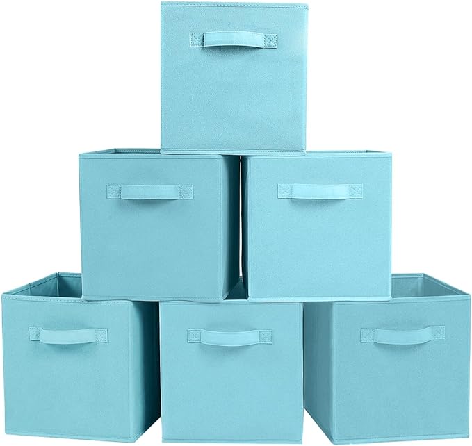 PowerKing Collapsible Storage Cubes with Handles, Fabric Foldable Bins for Closet Shelves, Durable Organization Storage Bins, 10.5'' x 11'' x 10.5'', 6 Pack, Blue